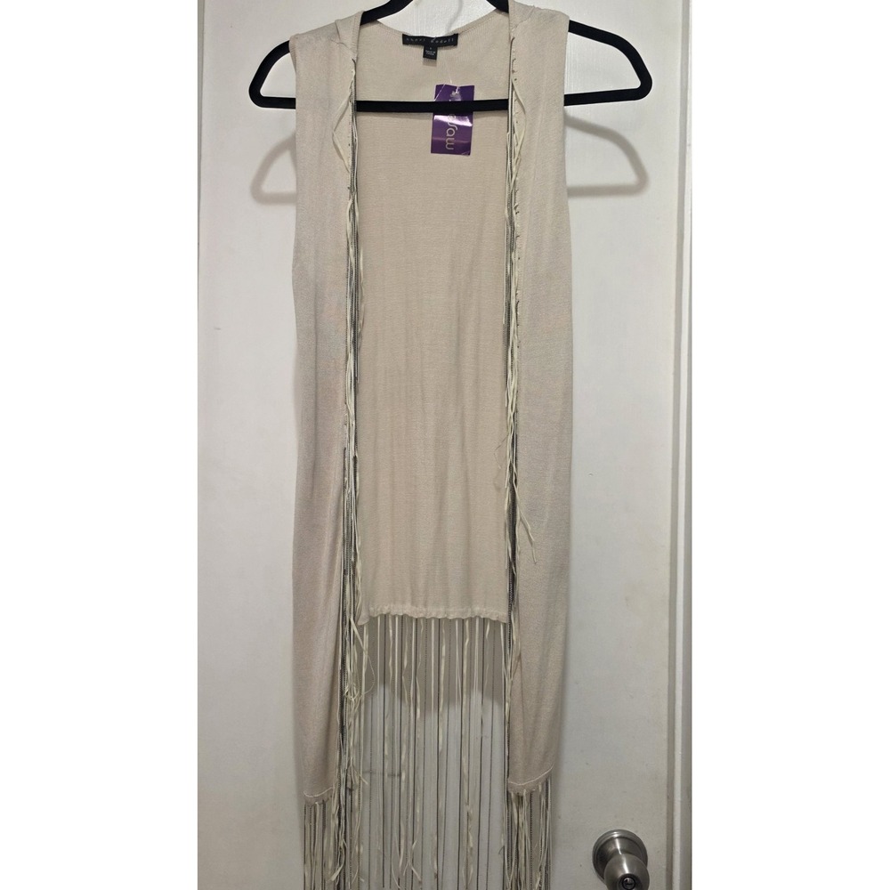 Sheri Bodell Lightweight Knit Vest Beads Chains Fringe Trim Boho Hippy Western L